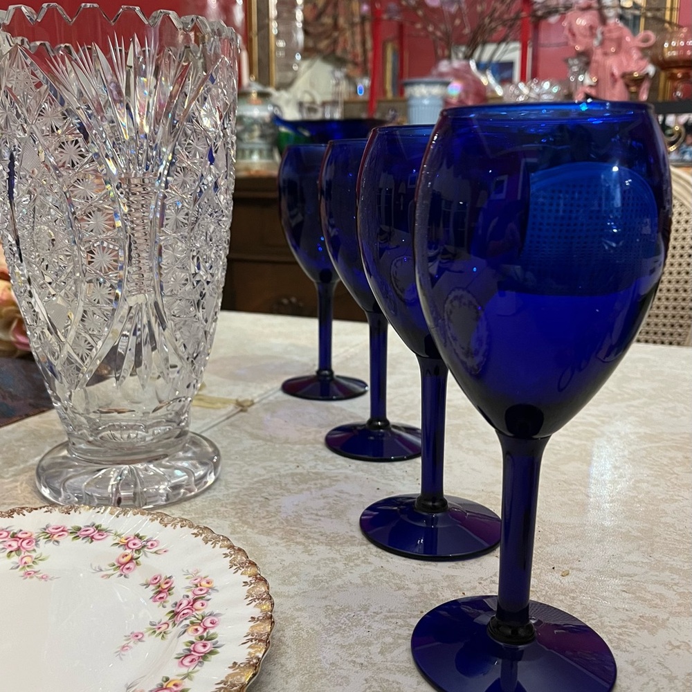 VTG Libbey Cobalt Blue Wine Glasses Wine Glasses, Set 4 Long Stem